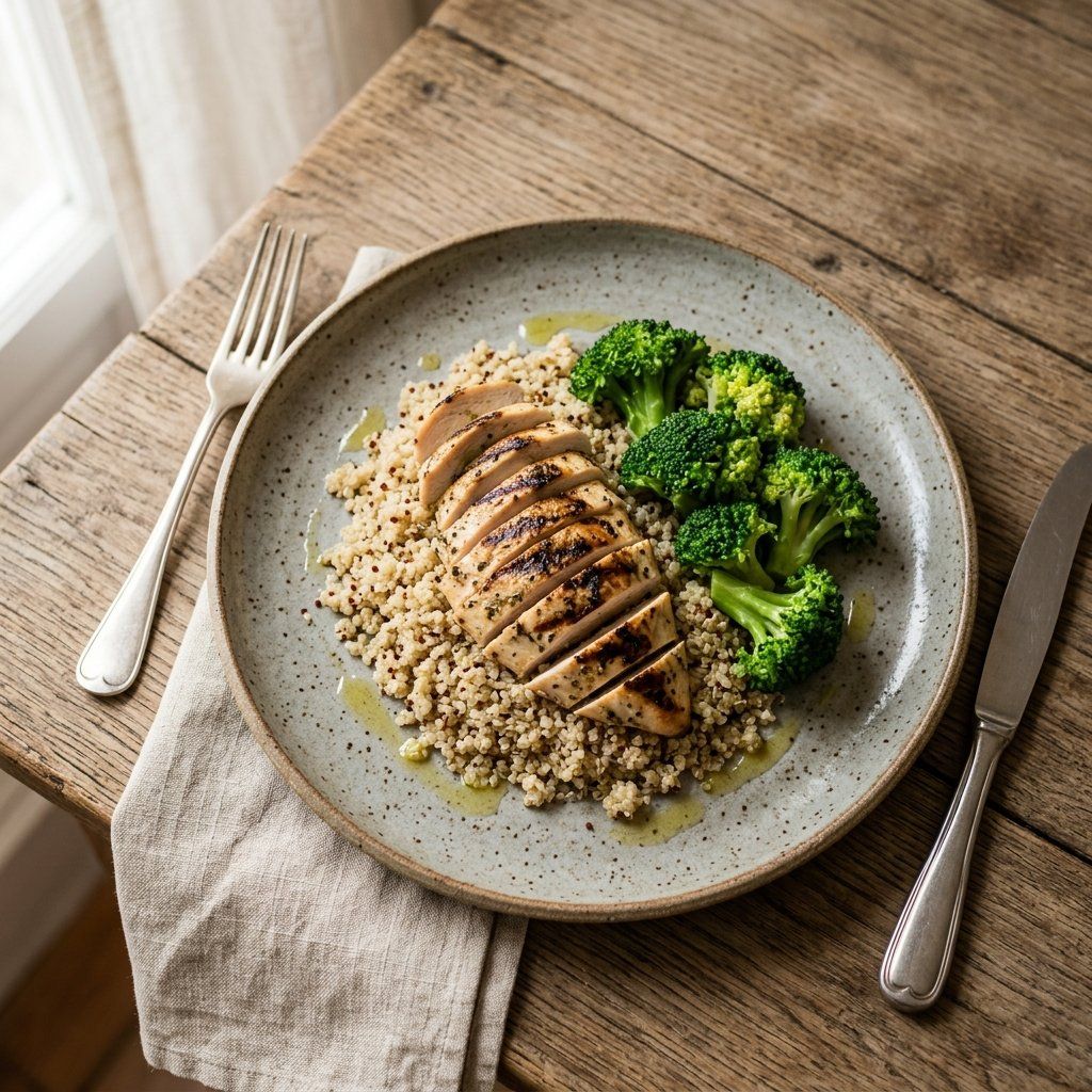 Frango grelhado com quinoa e brócolos